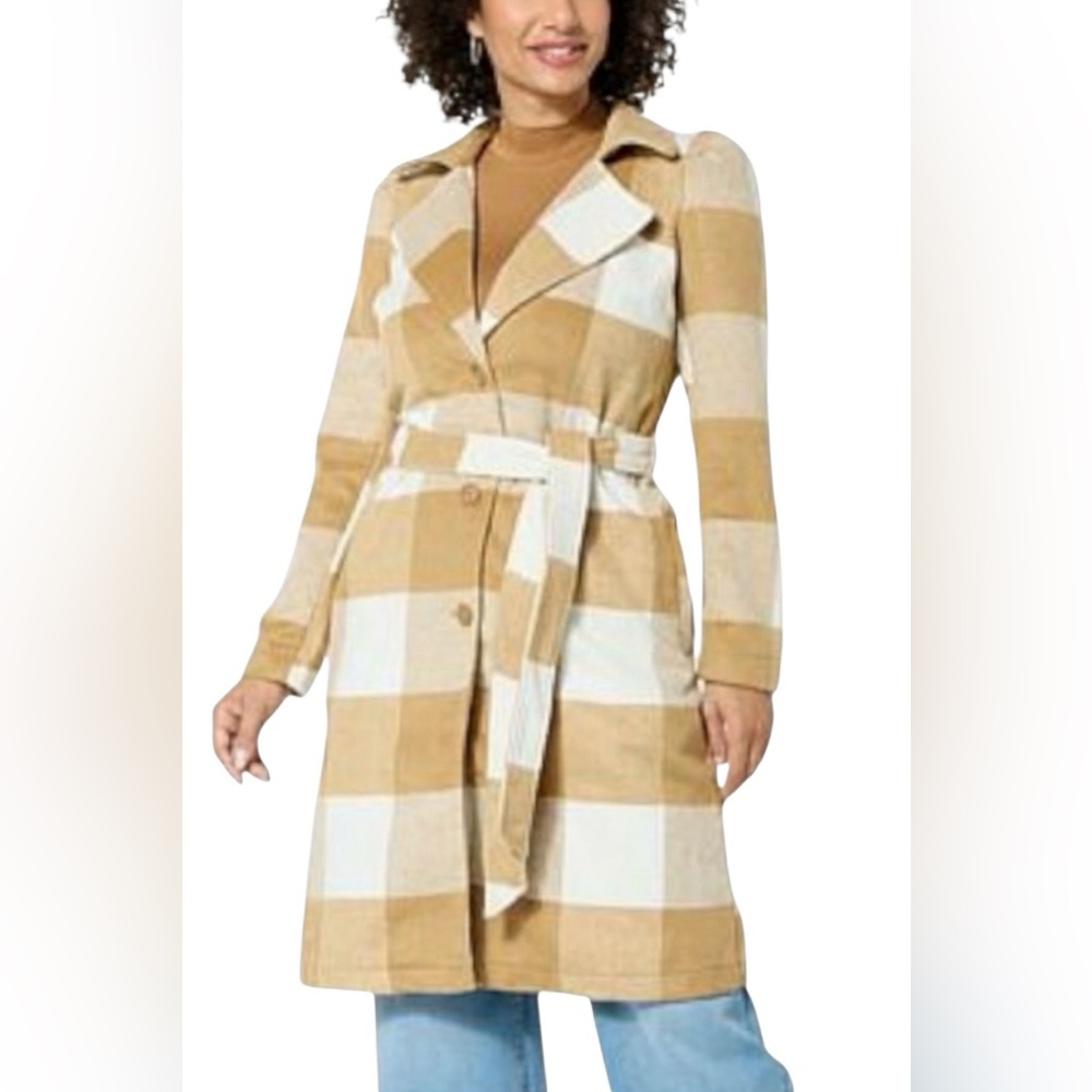 G by Giuliana Black Label Plaid Long Coat womens XS Tan Cream Belted Wool Blend